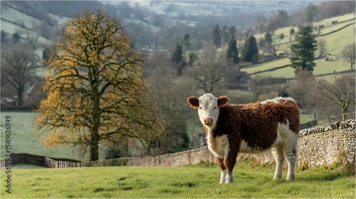 Hereford Cow Grazing on Green Pasture with UK Countryside, Scenic Landscape, and Sunny Day.