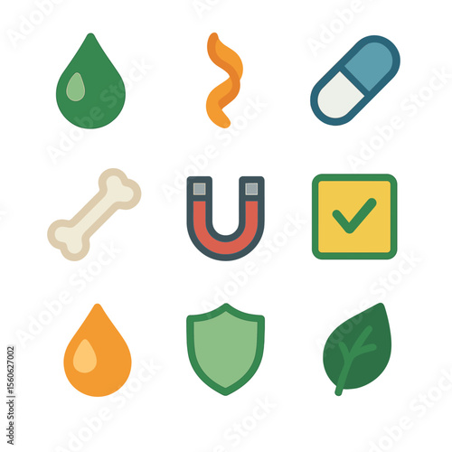 Seaweed Nutrients Icons. Flat icon set of seaweed nutritional components: iodine droplet, fiber strand, vitamin B12 capsule,