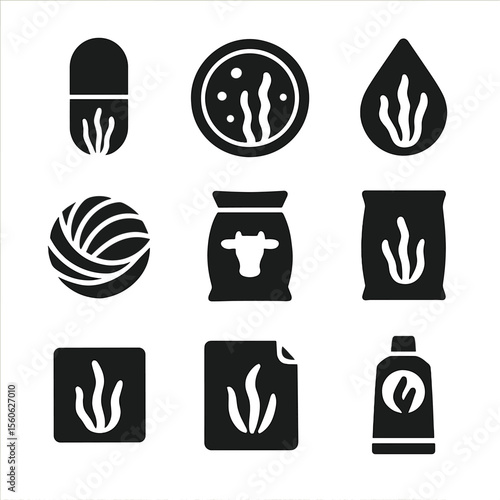 Seaweed Product Icons. Solid, Filled icon set of seaweed-based products: alginate capsule, agar plate, biofuel droplet, textile