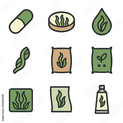 Seaweed Product Icons. Flat icon set of seaweed-based products: alginate capsule, agar plate, biofuel droplet, textile fiber,