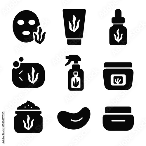 Seaweed Skincare Icons. Solid, Filled icon set of seaweed in skincare: facial mask, lotion tube, serum dropper, soap bar, toner