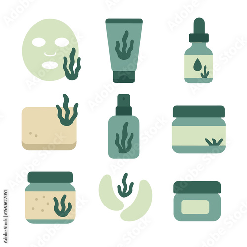 Seaweed Skincare Icons. Flat icon set of seaweed in skincare: facial mask, lotion tube, serum dropper, soap bar, toner spray,