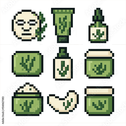 Seaweed Skincare Icons. Pixel art icon set of seaweed in skincare: facial mask, lotion tube, serum dropper, soap bar, toner spray,