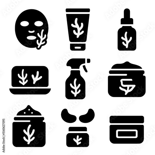 Seaweed Skincare Icons. Solid, Filled icon set of seaweed in skincare: facial mask, lotion tube, serum dropper, soap bar, toner