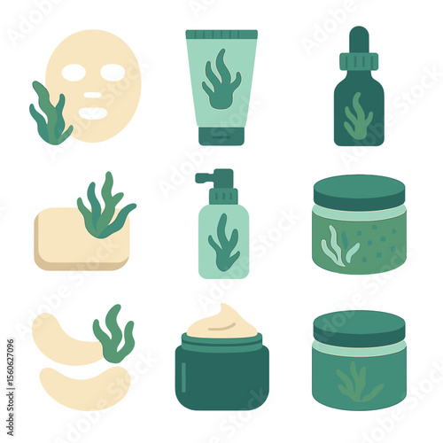 Seaweed Skincare Icons. Flat icon set of seaweed in skincare: facial mask, lotion tube, serum dropper, soap bar, toner spray,