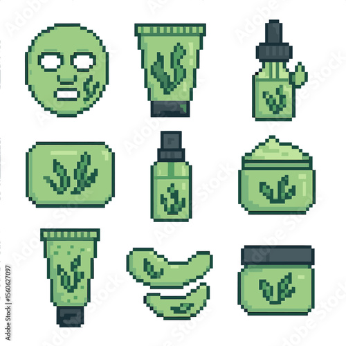Seaweed Skincare Icons. Pixel art icon set of seaweed in skincare: facial mask, lotion tube, serum dropper, soap bar, toner spray,
