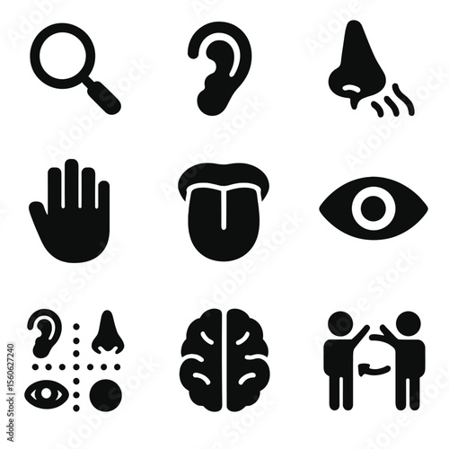 Sensory and Dance Icons. Solid, filled icon set of sensory exploration: magnifying glass, ear close-up, nose sniffing, hand