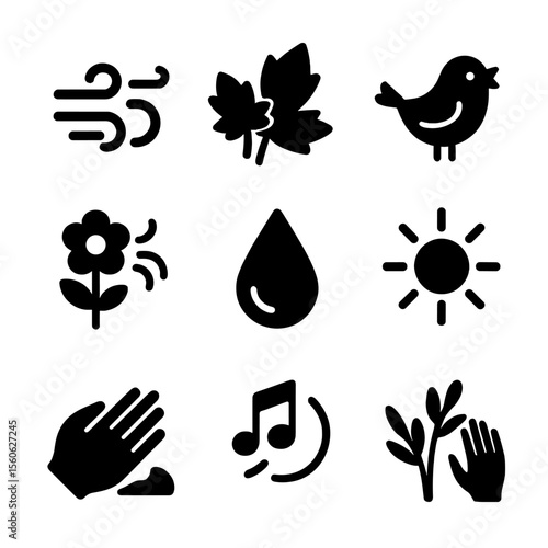 Sensory Garden Icons. Solid, filled icon set of sensory garden experiences: gentle breeze, rustling leaves, bird song, floral