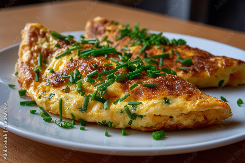 Egg omelet with fresh chives served on a white plate in a cozy kitchen setting at breakfast time Egg omelet with fresh chives served on a white plate in a cozy kitchen setting at breakfast time