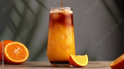 Iced bumble coffee making process. Espresso pouring into glass with Fresh orange juice, ice and caramel syrup. Sliced ​​orange on the table. In the background, shadows from palm trees