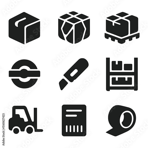 Shipping Icon Set. Solid, Filled icon set of packaging and shipping: carton box, shrink wrap, pallet, strapping band, box cutter,