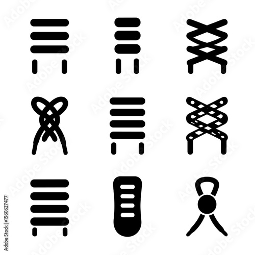 Shoe Lace Icons Grid. Solid, filled icon set of shoe lace types and styles: flat lace, round lace, elastic lace, leather lace,