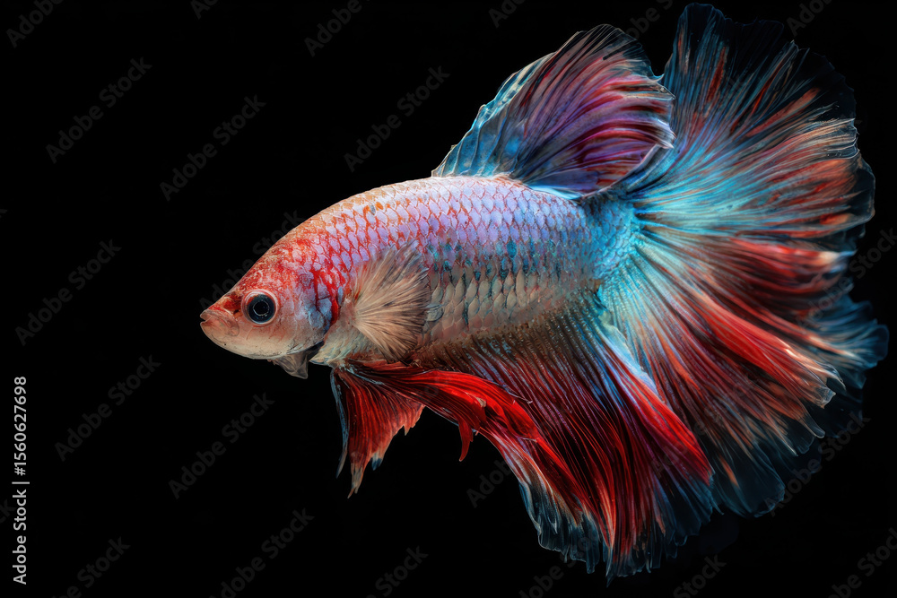 Fototapeta premium Stunning betta fish displays vibrant, contrasting colors against black backdrop, radiating elegance and grace, showcasing its sharp features and flowy fins