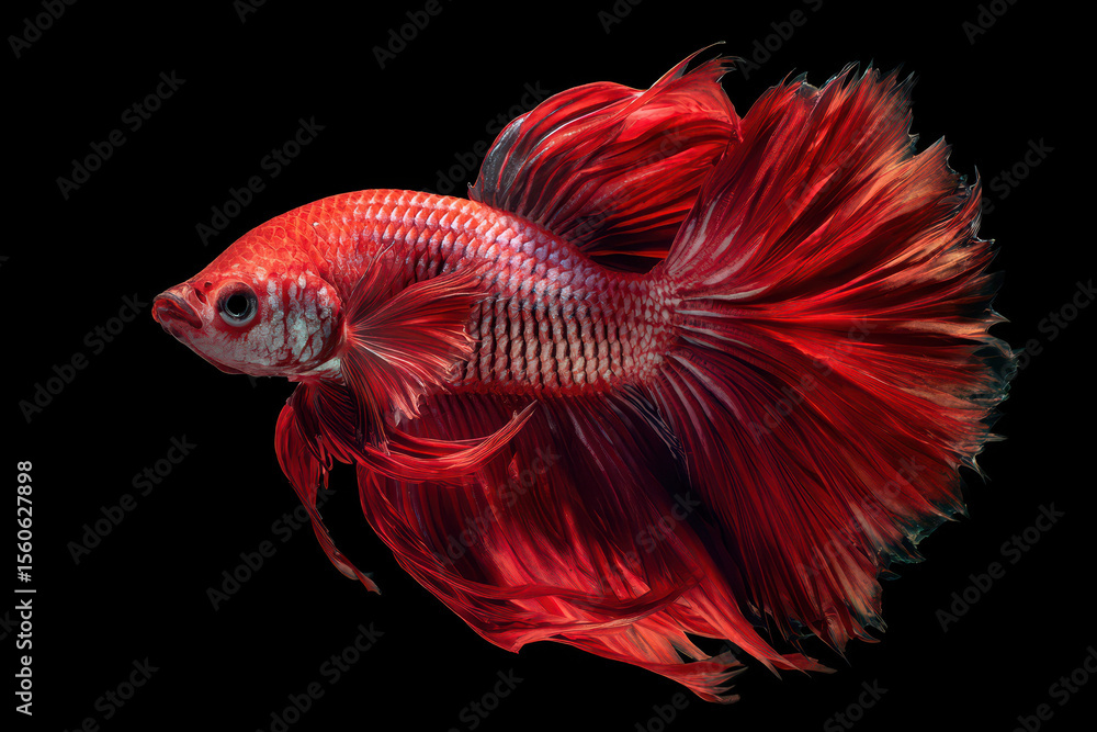Fototapeta premium Elegant betta fish swims gracefully, its vibrant red fins flowing in dark water, showcasing its striking beauty and poise