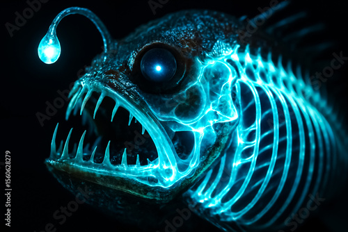 This is a deep-sea fish with bioluminescent features, showcasing nature's adaptation to the dark abyss. Striking, eerie, and fascinating. cinematic deep-sea creature.