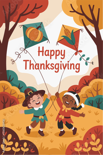 Pilgrim and Native American kids flying kites with pumpkin and corn décor in vector Thanksgiving background
