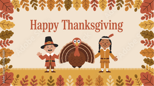 Pilgrim, Native American, and turkey in Thanksgiving vector background