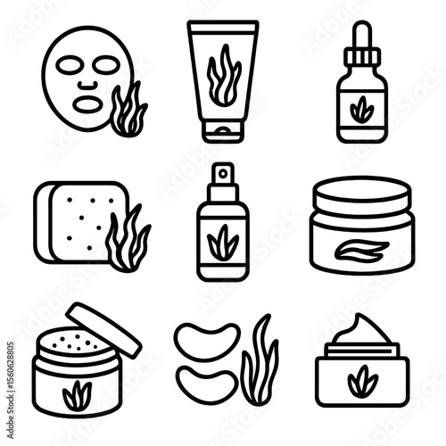Skincare Seaweed Icon Set. Outline icon set of seaweed in skincare: facial mask, lotion tube, serum dropper, soap bar, toner spray