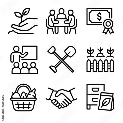 Smallholder Icon Set. Outline icon set of smallholder empowerment: hand planting seedling, cooperatives meeting, microloan
