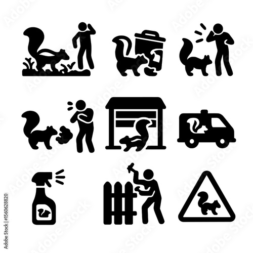 Skunk Encounter Icons. Solid, filled icon set of skunk encounters with humans: garden damage, trash rummage, startled skunk,