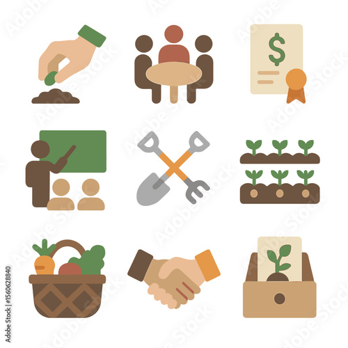 Smallholder Empowerment Icons. Flat icon set of smallholder empowerment: hand planting seedling, cooperatives meeting, microloan