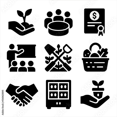 Smallholder Empowerment Icons. Solid, Filled icon set of smallholder empowerment: hand planting seedling, cooperatives meeting,