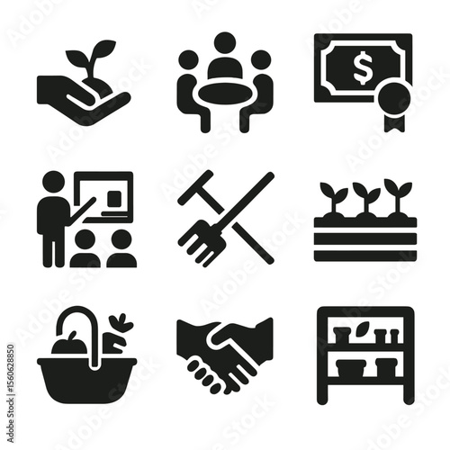 Smallholder Empowerment Icons. Solid, Filled icon set of smallholder empowerment: hand planting seedling, cooperatives meeting,