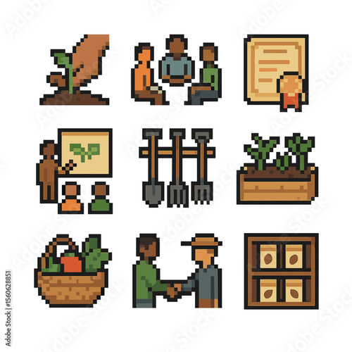 Smallholder Empowerment Icons. Pixel art icon set of smallholder empowerment: hand planting seedling, cooperatives meeting,
