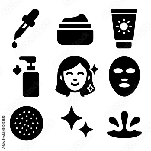 Skincare Icon Set. Solid, filled icon set of skincare and glow: serum dropper, moisturizer jar, sunscreen tube, cleansing foam,