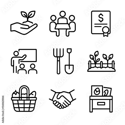 Smallholder Icon Set. Outline icon set of smallholder empowerment: hand planting seedling, cooperatives meeting, microloan