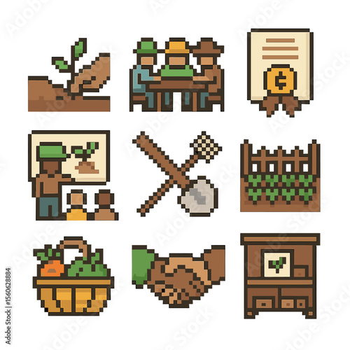 Smallholder Empowerment Icons. Pixel art icon set of smallholder empowerment: hand planting seedling, cooperatives meeting,