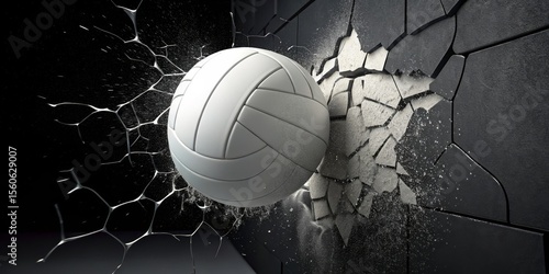 Volleyball Crashing Through Wall 3D Render, Impact, Destruction, Power Volleyball, 3D rendering