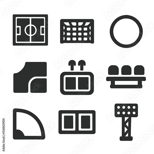 Soccer Field Icons. Solid, filled icon set of soccer field elements: soccer field, goal net, center circle, penalty area, corner