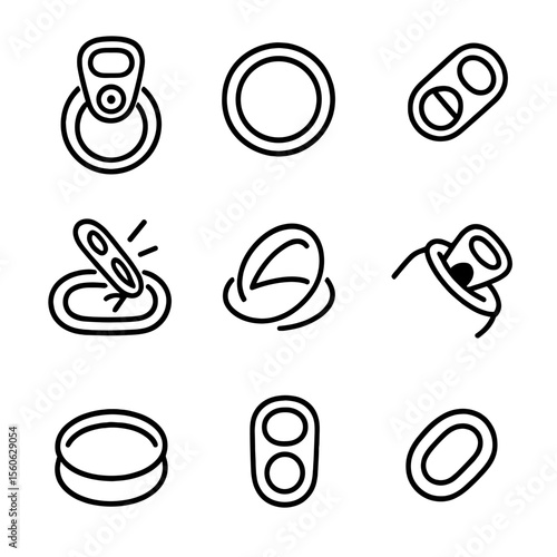 Soda Can Icons. Outline icon set of soda can opening mechanics: pop tab, scored lid, ring pull, fulcrum point, hinge crease,