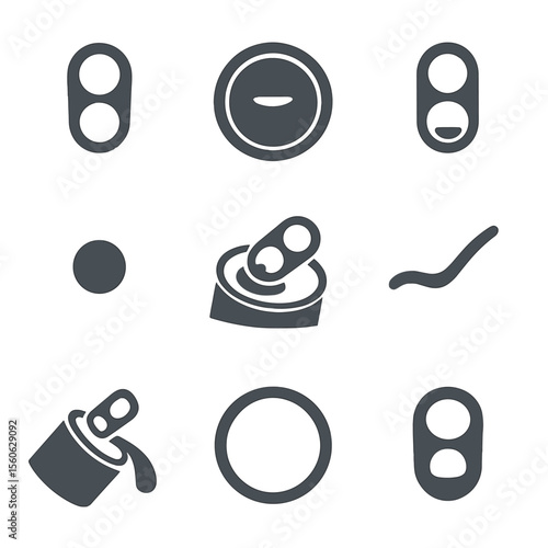 Soda Can Mechanics Icons. Flat icon set of soda can opening mechanics: pop tab, scored lid, ring pull, fulcrum point, hinge crease