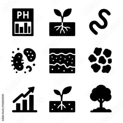 Soil Health Indicators. Solid, filled icon set of soil health indicators: pH test kit, root depth, worm symbol, microbial life,
