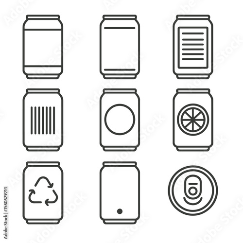 Soda Can Icon Set. Outline icon set of soda can designs: label wrap, aluminum body, nutrition panel, barcode, brand logo, flavor