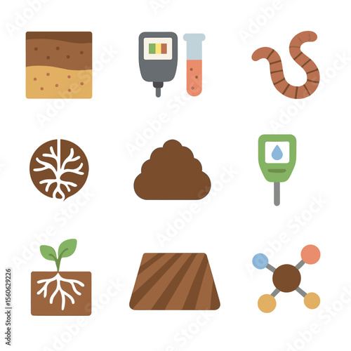 Soil Health Icons. Flat icon set of soil health management: soil profile, pH test kit, earthworm, mycorrhizal network, organic