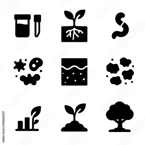 Soil Health Indicators. Solid, filled icon set of soil health indicators: pH test kit, root depth, worm symbol, microbial life,