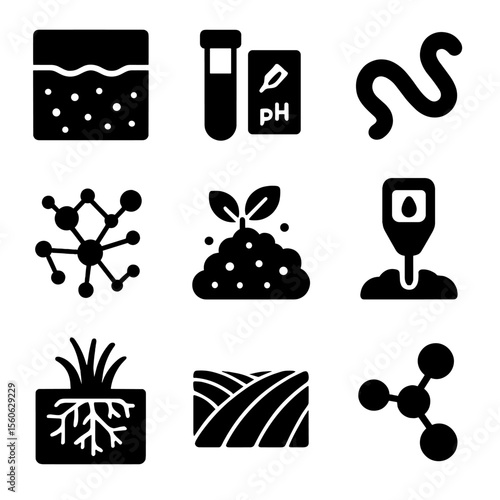 Soil Health Icons. Solid, Filled icon set of soil health management: soil profile, pH test kit, earthworm, mycorrhizal network,