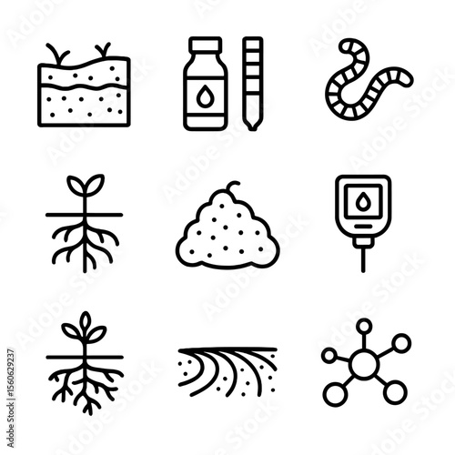 Soil Health Icons. Outline icon set of soil health management: soil profile, pH test kit, earthworm, mycorrhizal network, organic