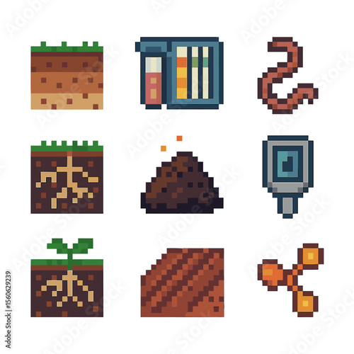 Soil Health Icons. Pixel art icon set of soil health management: soil profile, pH test kit, earthworm, mycorrhizal network,