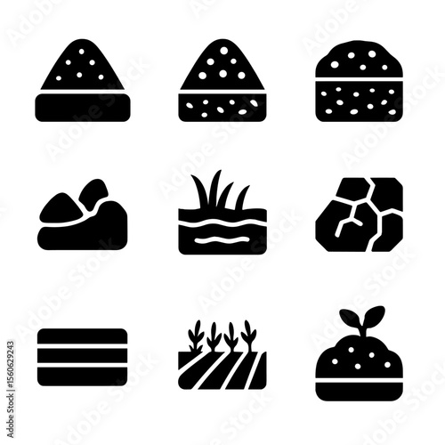 Soil Types Icons. Solid, filled icon set of land and soil types: clay soil, sandy soil, loamy soil, rocky ground, wetland edge,