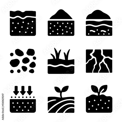 Soil Types Icons. Solid, filled icon set of land and soil types: clay soil, sandy soil, loamy soil, rocky ground, wetland edge,