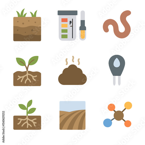 Soil Health Icons. Flat icon set of soil health management: soil profile, pH test kit, earthworm, mycorrhizal network, organic