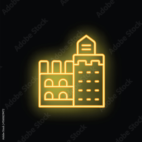 Neon sign depicting a building with archways and a tower, glowing yellow against a black background