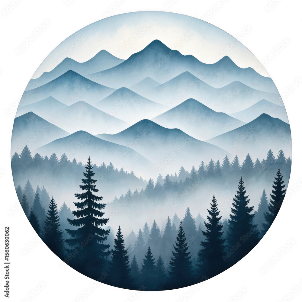 Fototapeta premium Misty blue mountain range with dense pine forest landscape isolated on transparent background