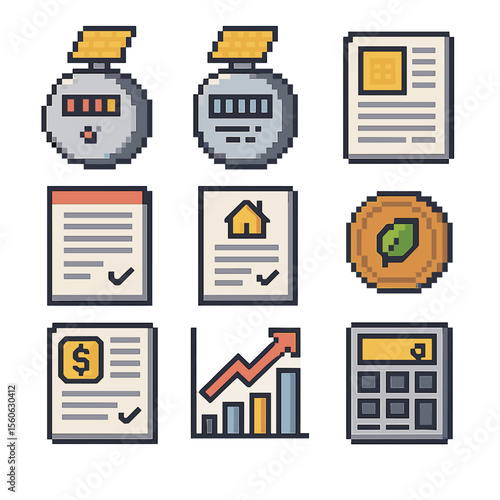 Solar Finance Icon Set. Pixel art icon set of solar financing incentives: feed-in tariff meter, net-metering meter, tax-credit