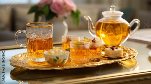 Luxurious tea service with floral accents.  A golden tray holds elegant teacups and a glass teapot filled with a golden-amber brew, alongside floral-infused 