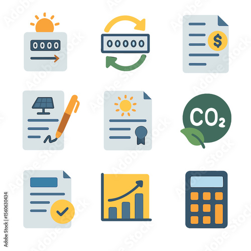 Solar Financing Icons. Flat icon set of solar financing incentives: feed-in tariff meter, net-metering meter, tax-credit form, PPA